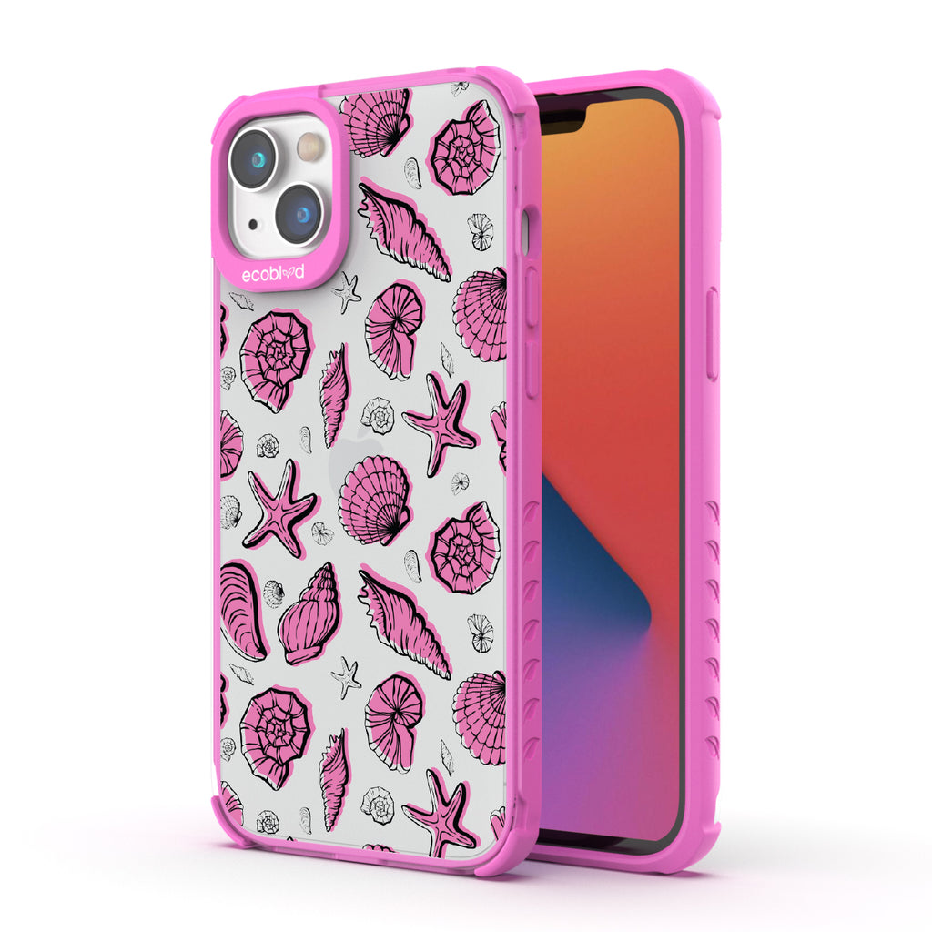 Seashells Seashore - Back View Of Pink & Clear Eco-Friendly iPhone 14 Case & A Front View Of The Screen