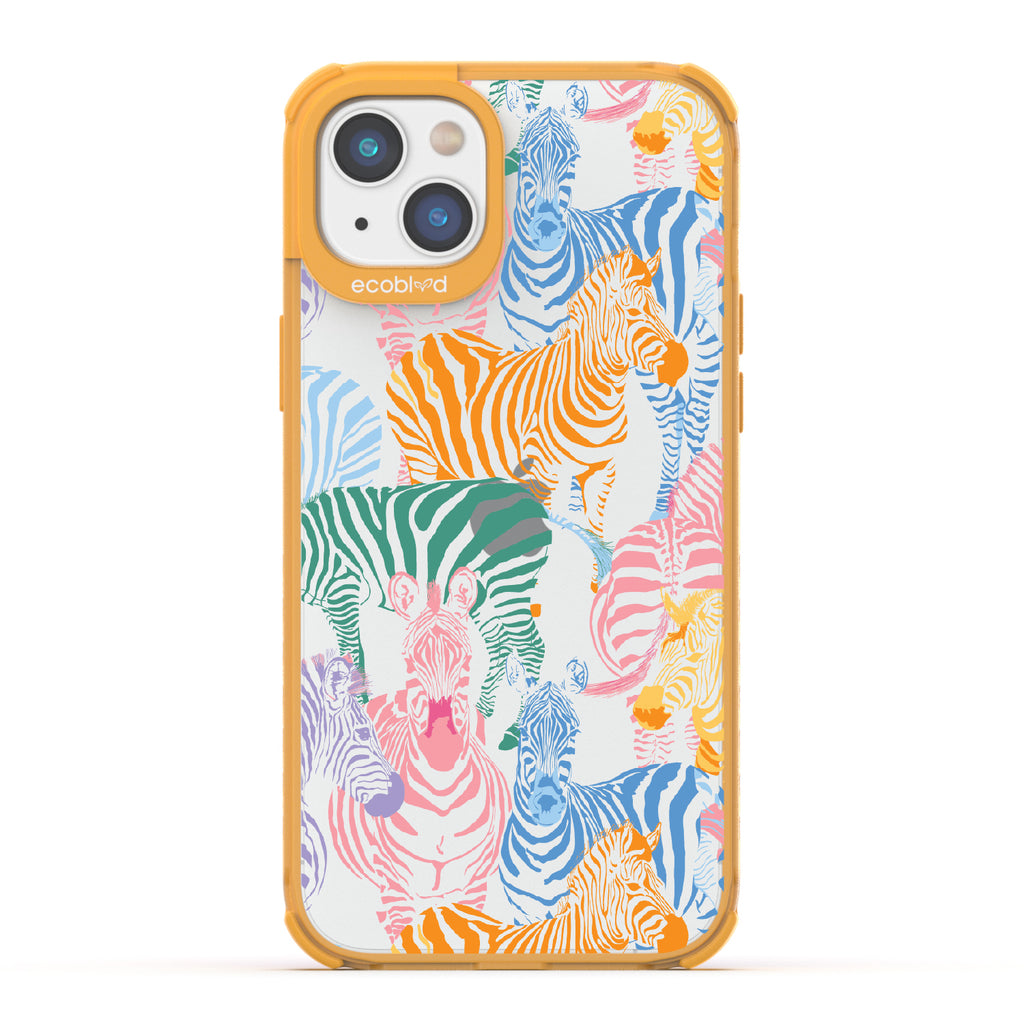 Colorful Herd - Yellow Eco-Friendly iPhone 14 Plus Case With Zebras in Multiple Colors On A Clear Back