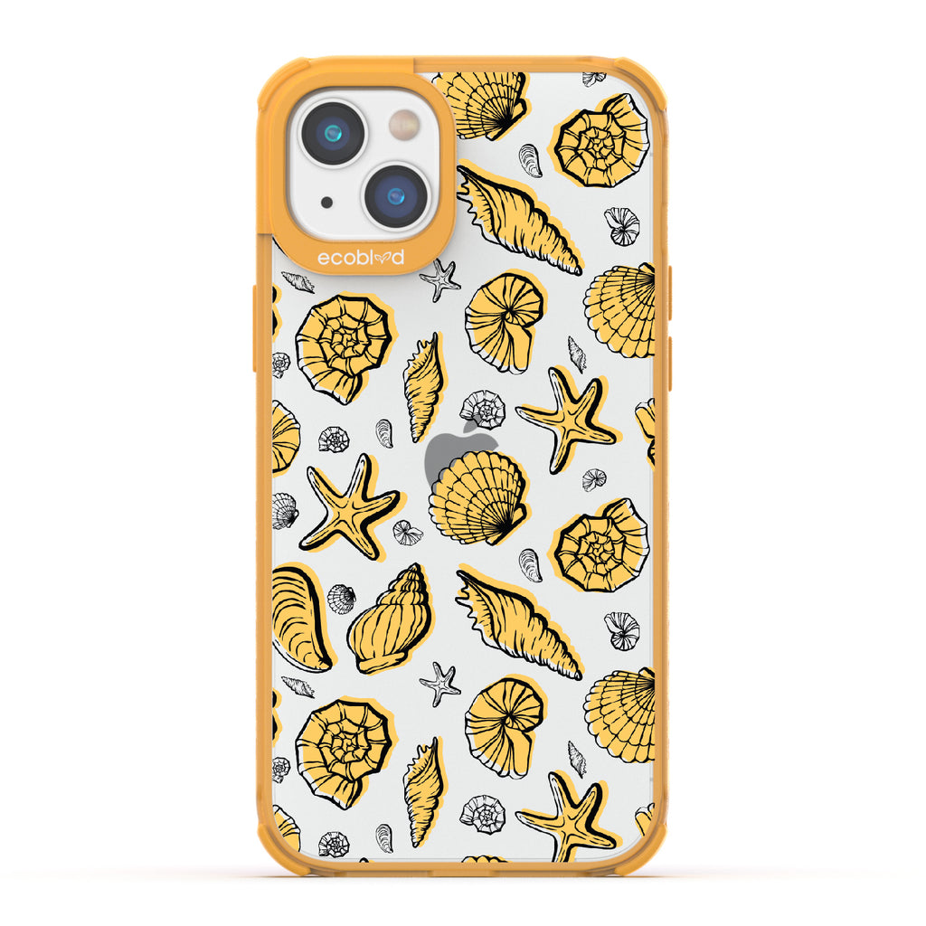  Seashells Seashore - Yellow Eco-Friendly iPhone 14 Case With Seashells and Starfish On A Clear Back