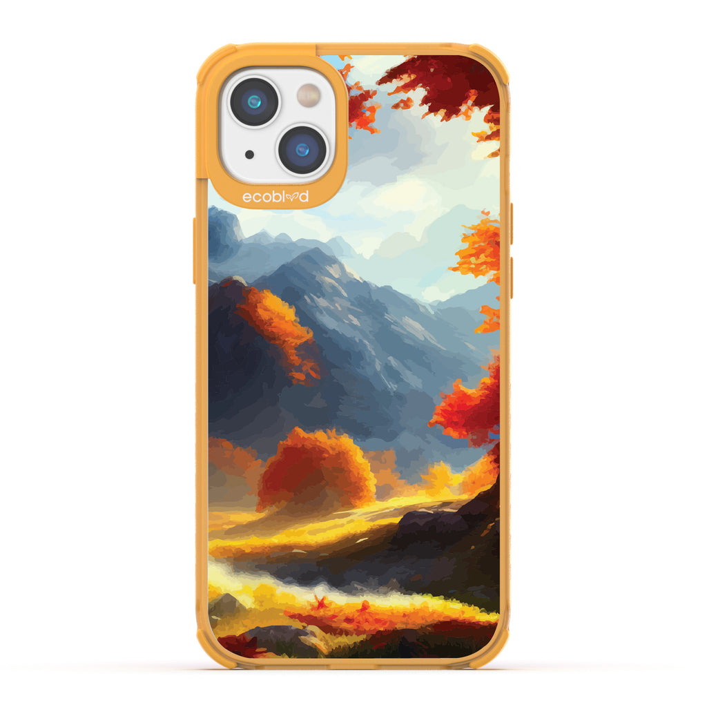 Autumn Canvas - Watercolored Fall Mountain Landscape - Eco-Friendly Clear iPhone 14 Case With Yellow Rim 