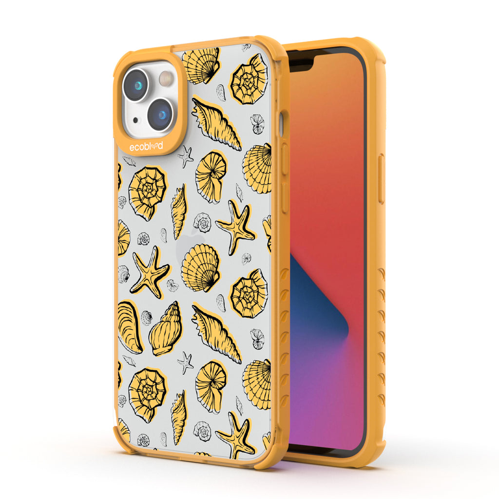 Seashells Seashore - Back View Of Yellow & Clear Eco-Friendly iPhone 14 Case & A Front View Of The Screen