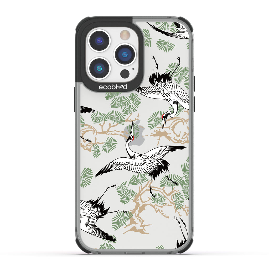 Graceful Crane - Black Eco-Friendly iPhone 14 Pro Max Case With Japanese Cranes Atop Branches On A Clear Back