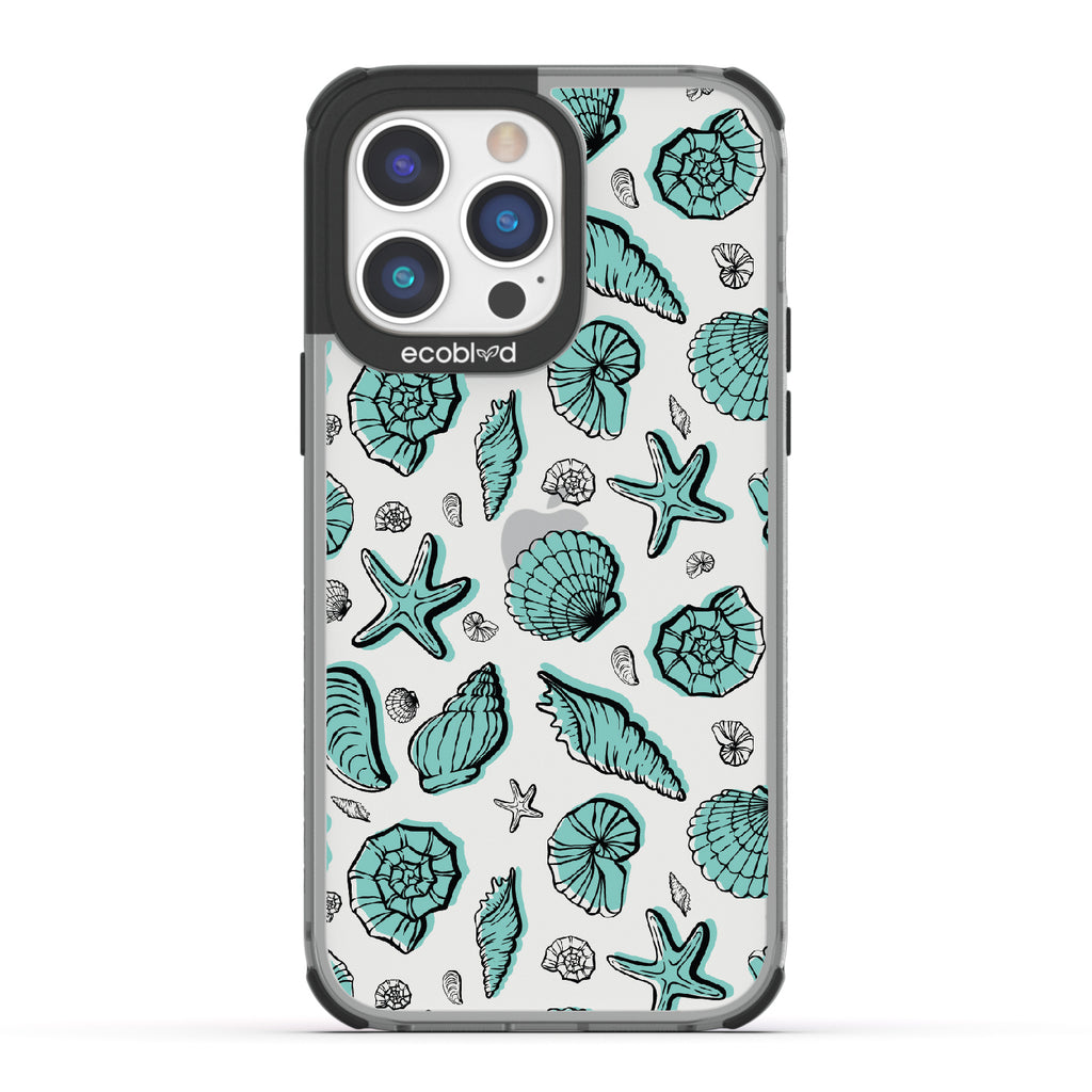 Seashells Seashore - Black Eco-Friendly iPhone 14 Pro Case With Seashells and Starfish On A Clear Back