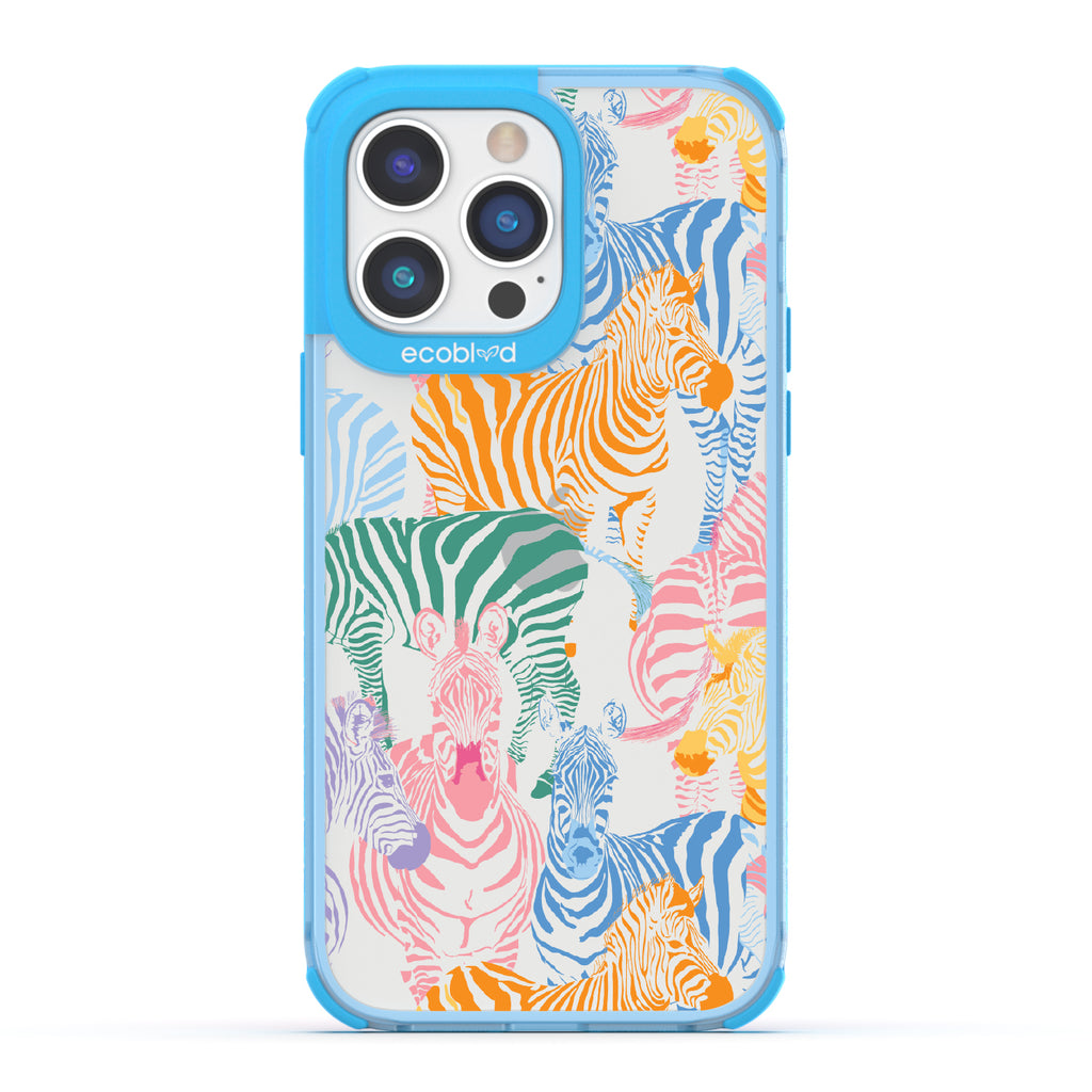 Colorful Herd - Blue Eco-Friendly iPhone 14 Pro Case With Zebras in Multiple Colors On A Clear Back