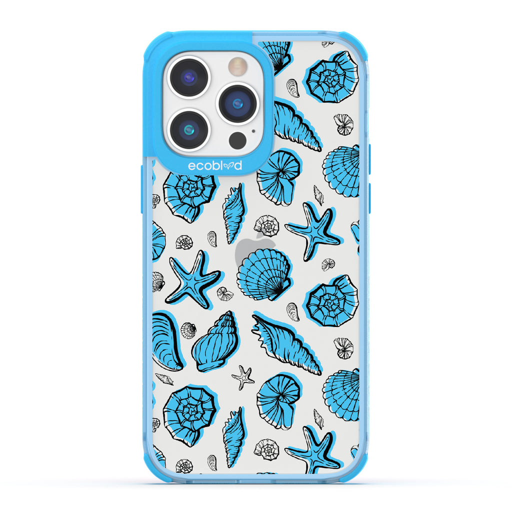 Seashells Seashore - Blue Eco-Friendly iPhone 14 Pro Case With Seashells and Starfish On A Clear Back