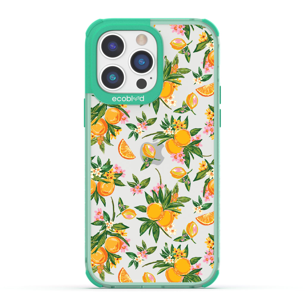 Orange Bliss - Green Eco-Friendly iPhone 14 Pro Case With Oranges, Orange Slices and Leaves On A Clear Back