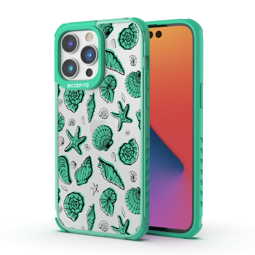 Seashells Seashore - Back View Of Green & Clear Eco-Friendly iPhone 14 Pro Case & A Front View Of The Screen