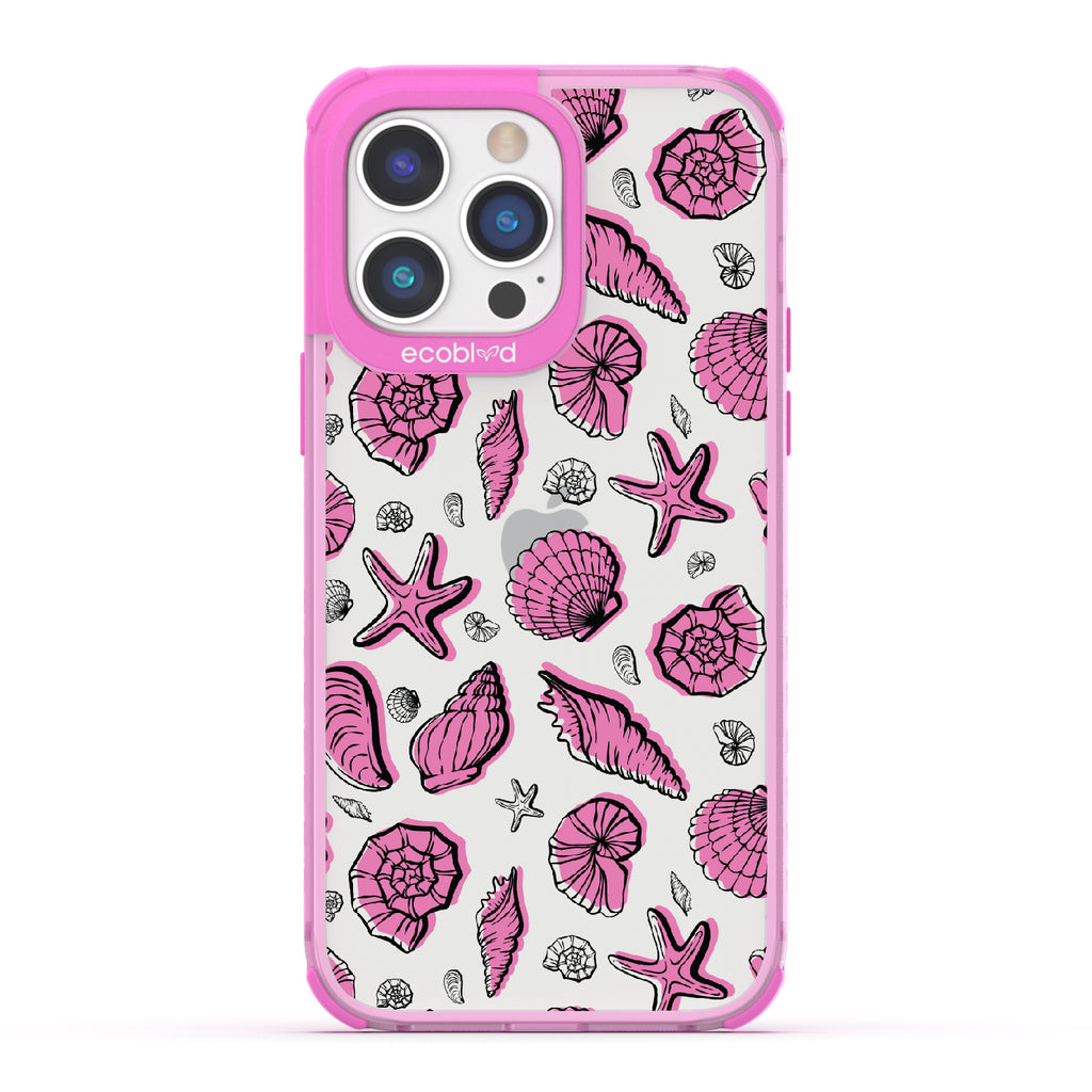 Seashells Seashore - Pink Eco-Friendly iPhone 14 Pro Case With Seashells and Starfish On A Clear Back