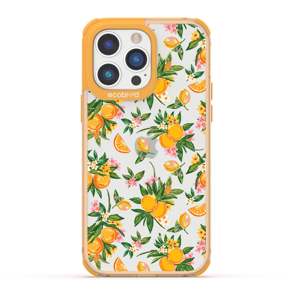 Orange Bliss - Yellow Eco-Friendly iPhone 14 Pro Case With Oranges, Orange Slices and Leaves On A Clear Back