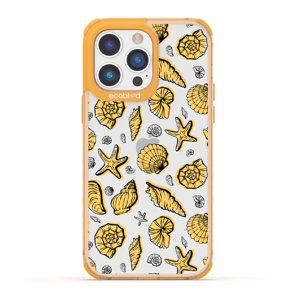 Seashells Seashore - Yellow Eco-Friendly iPhone 14 Pro Case With Seashells and Starfish On A Clear Back