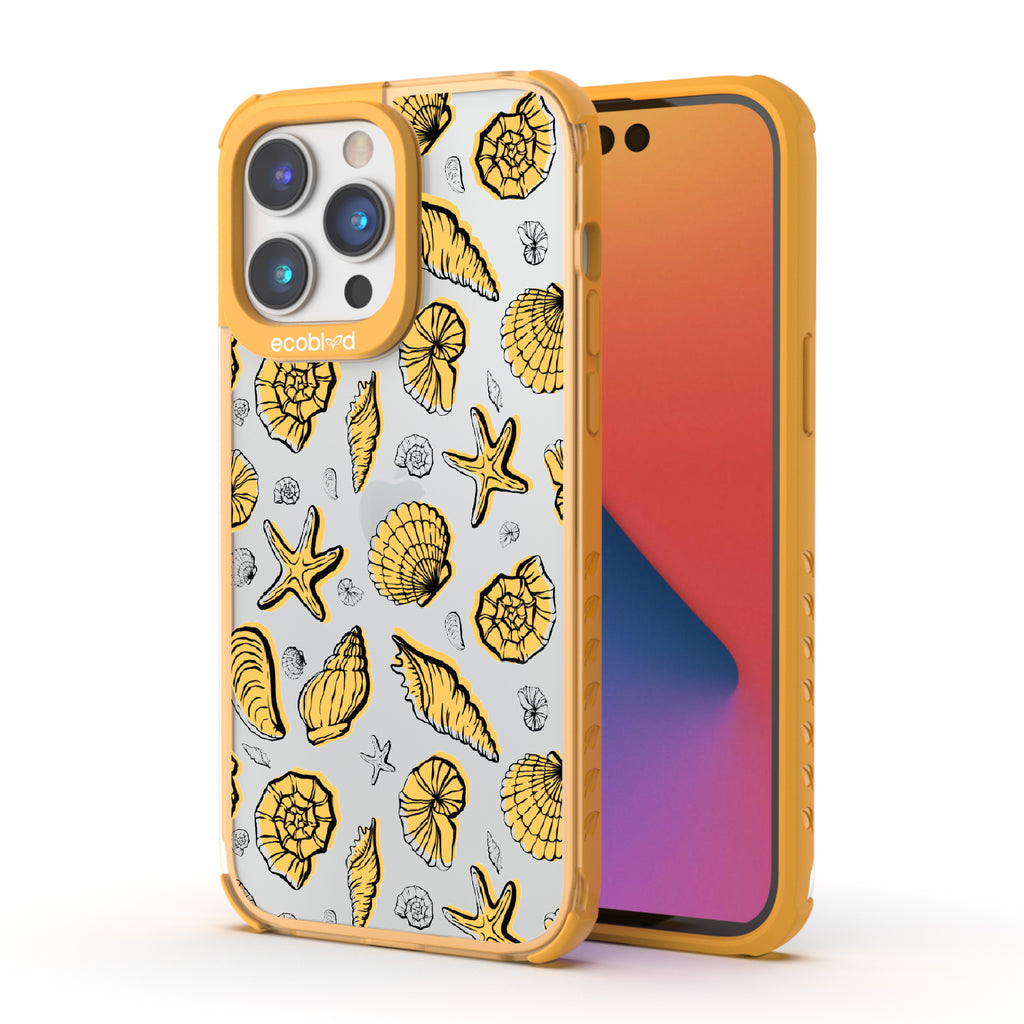 Seashells Seashore - Back View Of Yellow & Clear Eco-Friendly iPhone 14 Pro Case & A Front View Of The Screen