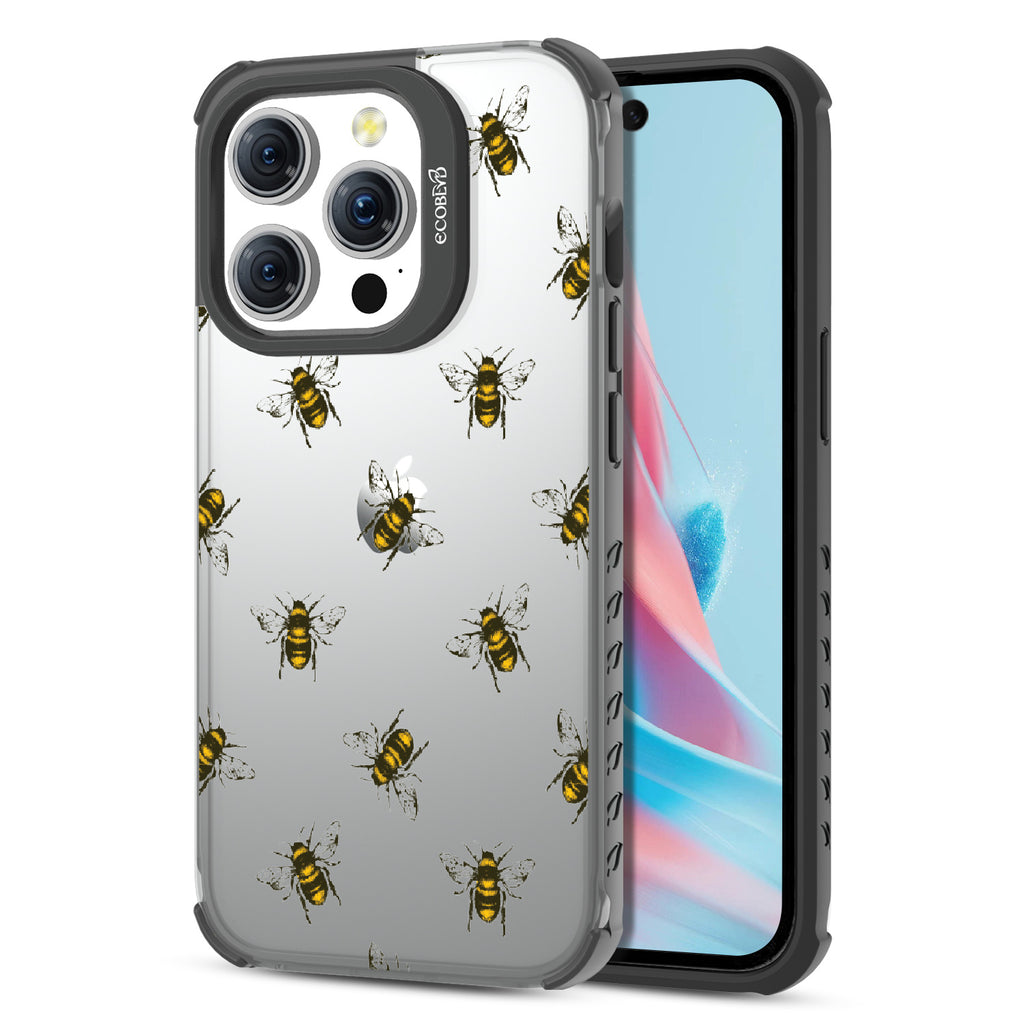 Bees - Back View Of Eco-Friendly iPhone 15 Pro Clear Case With Black Rim & Front View Of Screen