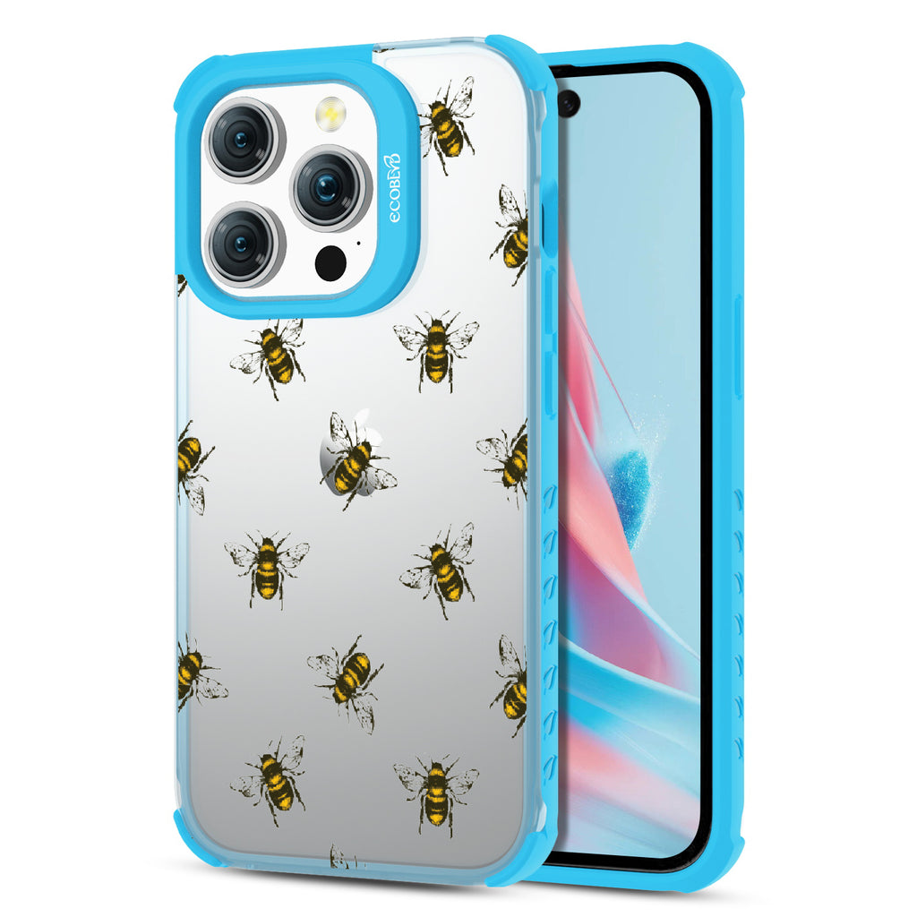 Bees - Back View Of Eco-Friendly iPhone 15 Pro Clear Case With Blue Rim & Front View Of Screen