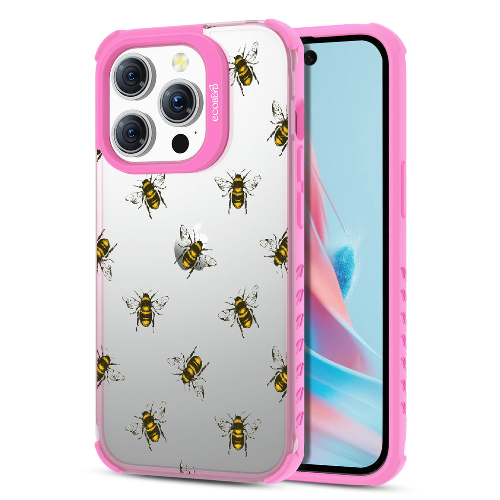 Bees - Back View Of Eco-Friendly iPhone 15 Pro Clear Case With Yellow Rim & Front View Of Screen