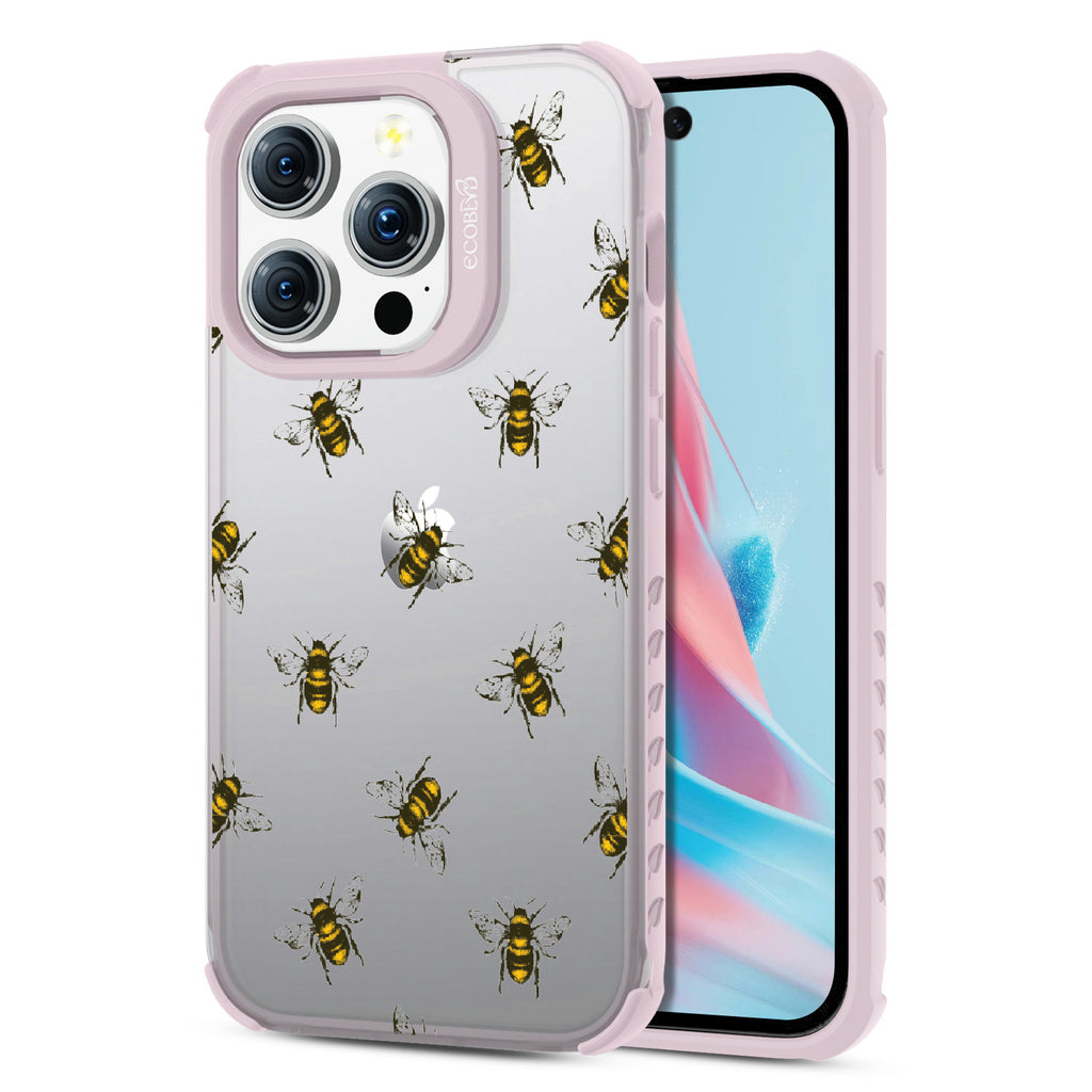 Bees - Back View Of Eco-Friendly iPhone 15 Pro Clear Case With Pastel Lilac Rim & Front View Of Screen