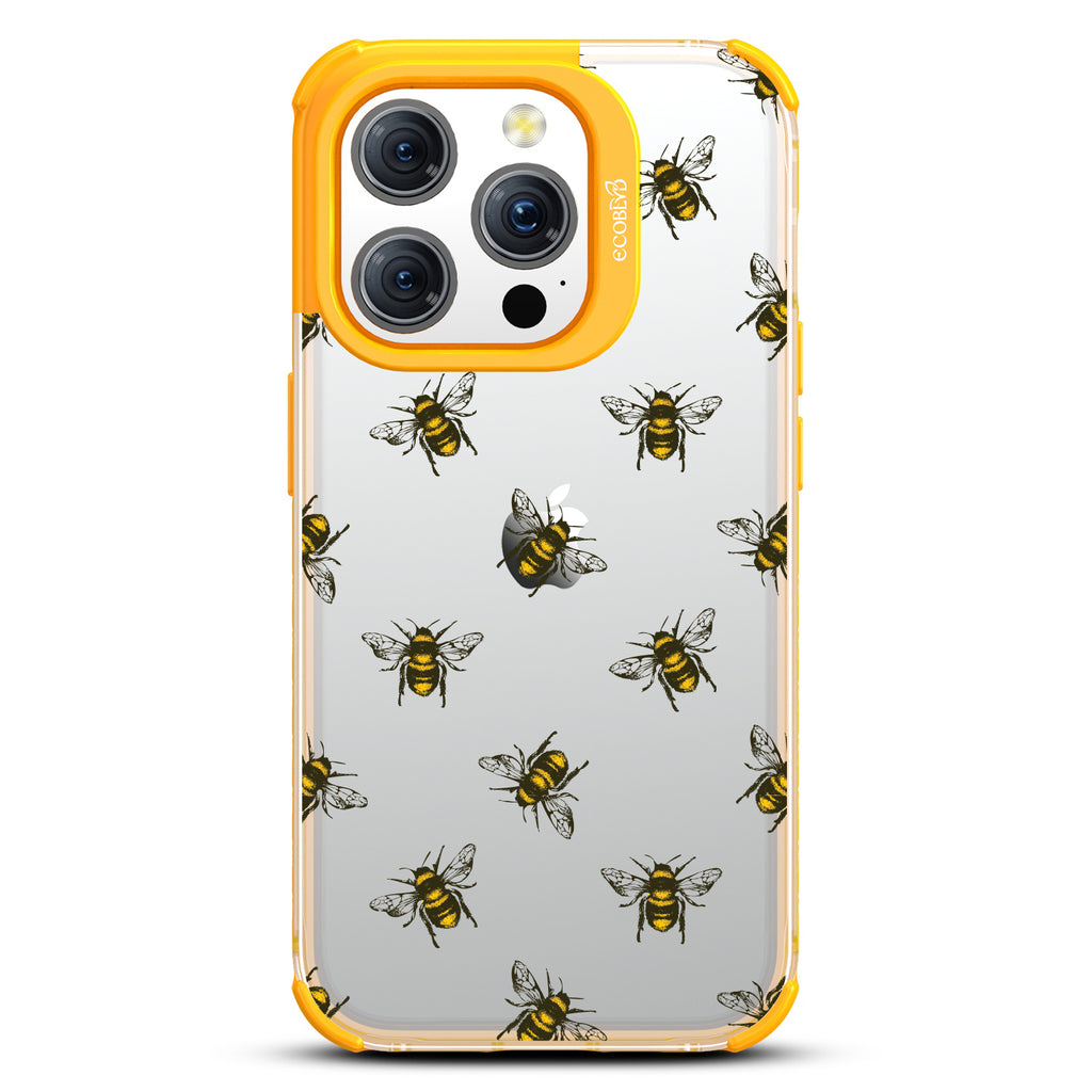 Bees - Honey Bees - Eco-Friendly Clear iPhone 15 Pro Case With Yellow Rim