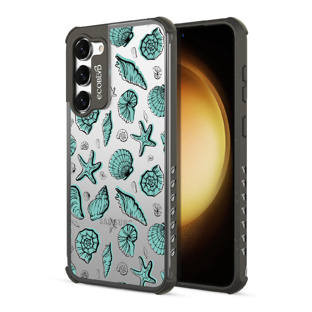 Seashells Seashore - Back View Of Black & Clear Eco-Friendly Galaxy S23 Plus Case & A Front View Of The Screen