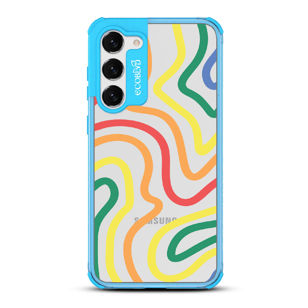 True Colors - Blue Eco-Friendly Galaxy S23 Plus Case With Abstract Lines In Different Colors Of The Rainbow On A Clear Back