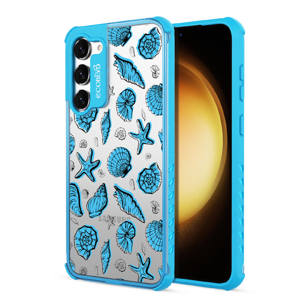 Seashells Seashore - Back View Of Blue & Clear Eco-Friendly Galaxy S23 Case & A Front View Of The Screen