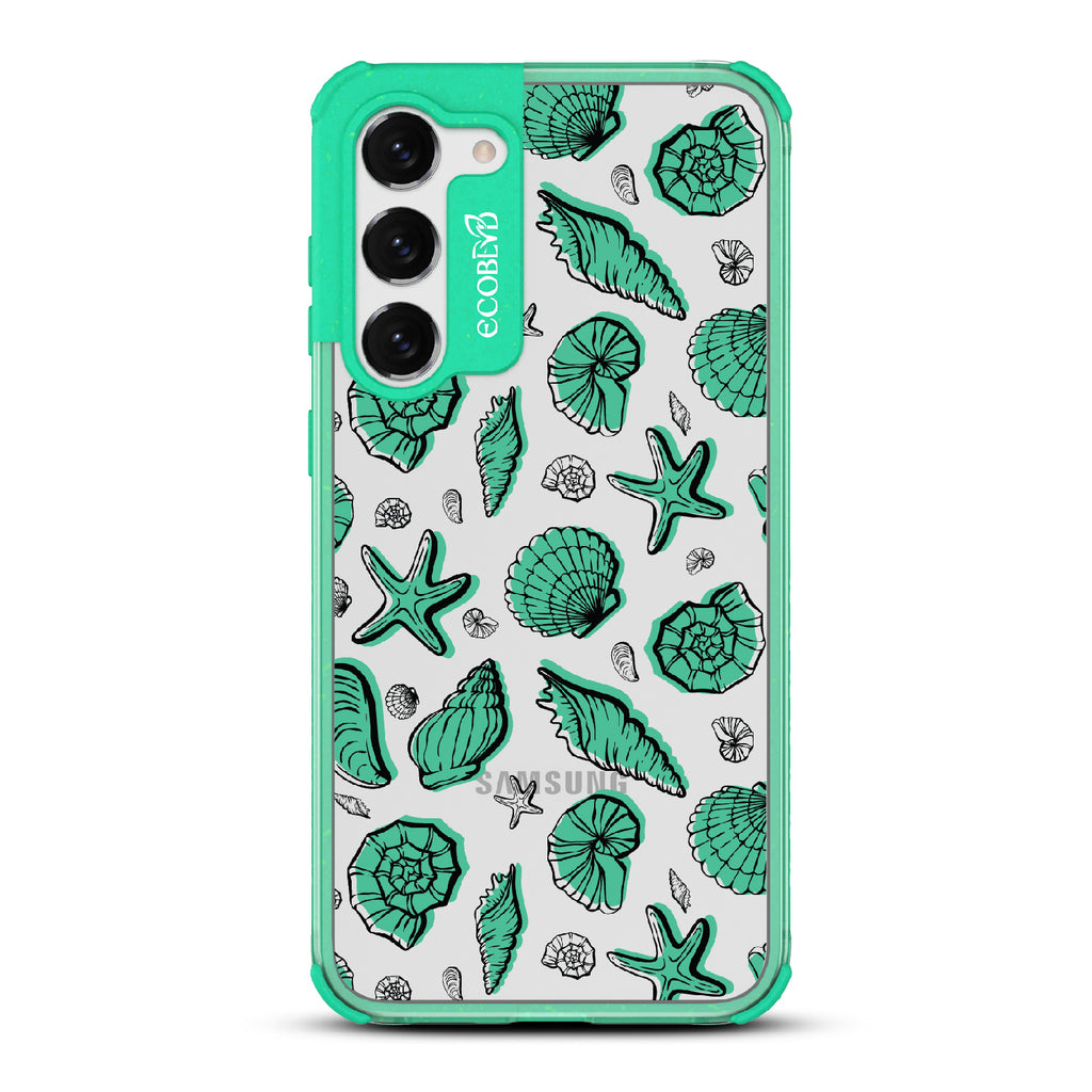 Seashells Seashore - Green Eco-Friendly Galaxy S23 Plus Case With Seashells and Starfish On A Clear Back