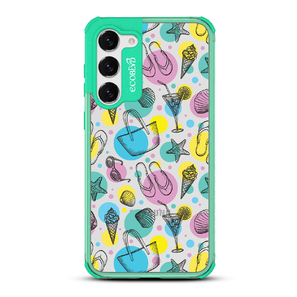 Beach Please - Green Eco-Friendly Galaxy S23 Plus Case With Sandals, Sunglasses, Beach Tote, Ice Cream & More On A Clear Back