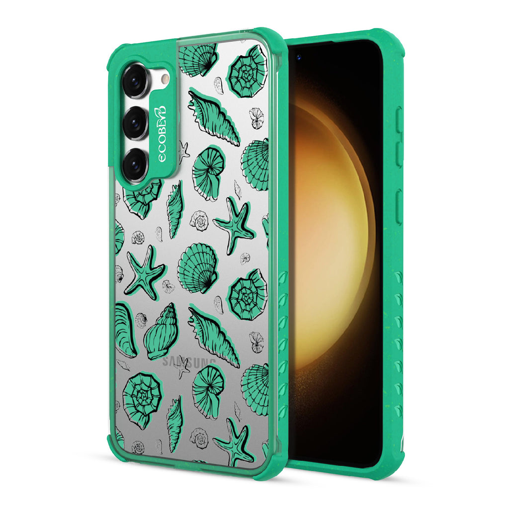 Seashells Seashore - Back View Of Green & Clear Eco-Friendly Galaxy S23 Case & A Front View Of The Screen