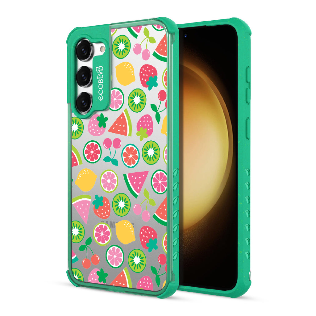 Juicy Fruit - Back View Of Green & Clear Eco-Friendly Galaxy S23 Case & A Front View Of The Screen