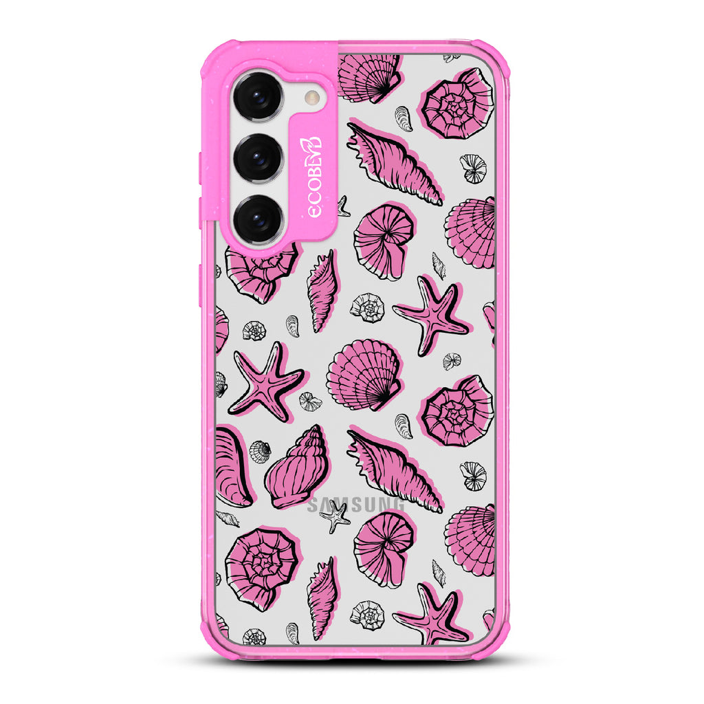 Seashells Seashore - Pink Eco-Friendly Galaxy S23 Case With Seashells and Starfish On A Clear Back