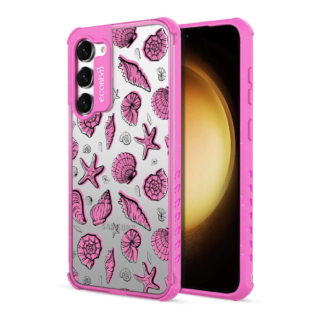 Seashells Seashore - Back View Of Pink & Clear Eco-Friendly Galaxy S23 Case & A Front View Of The Screen