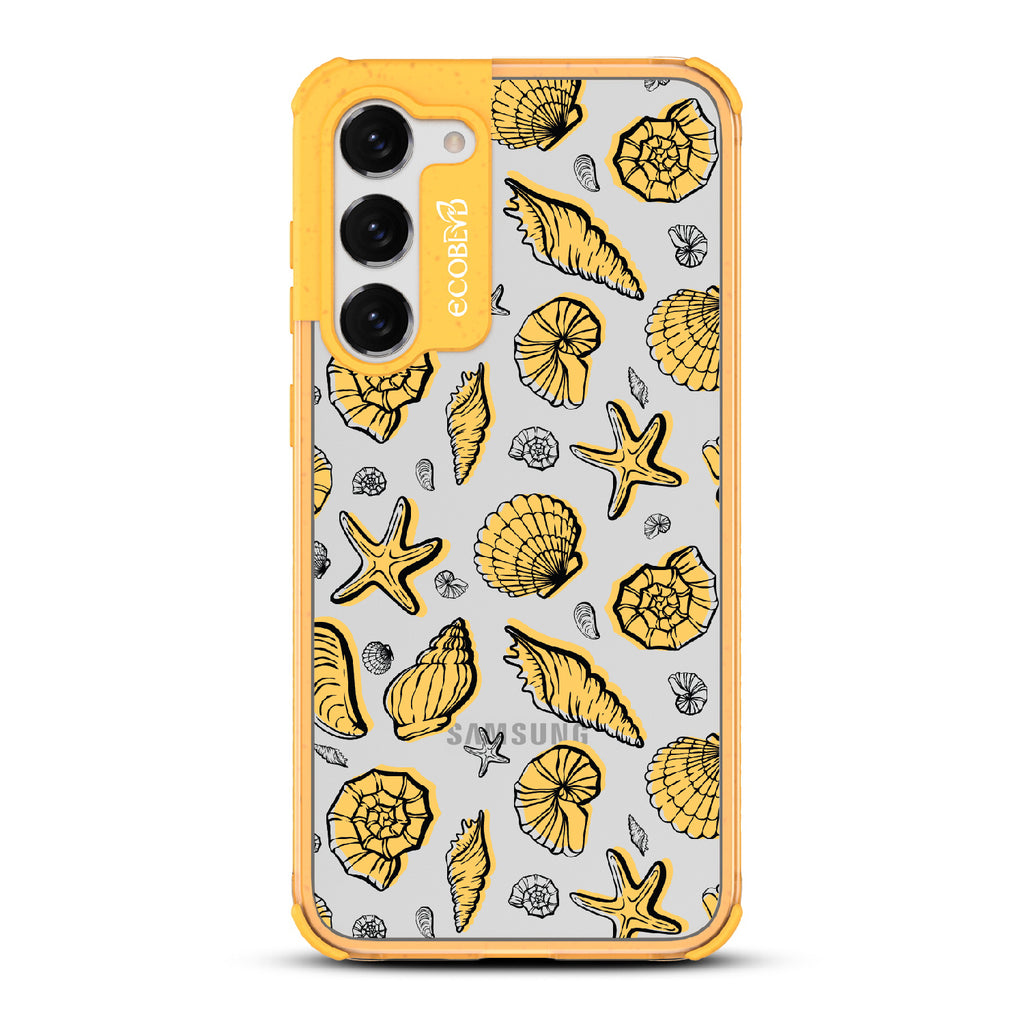 Seashells Seashore - Yellow Eco-Friendly Galaxy S23 Case With Seashells and Starfish On A Clear Back