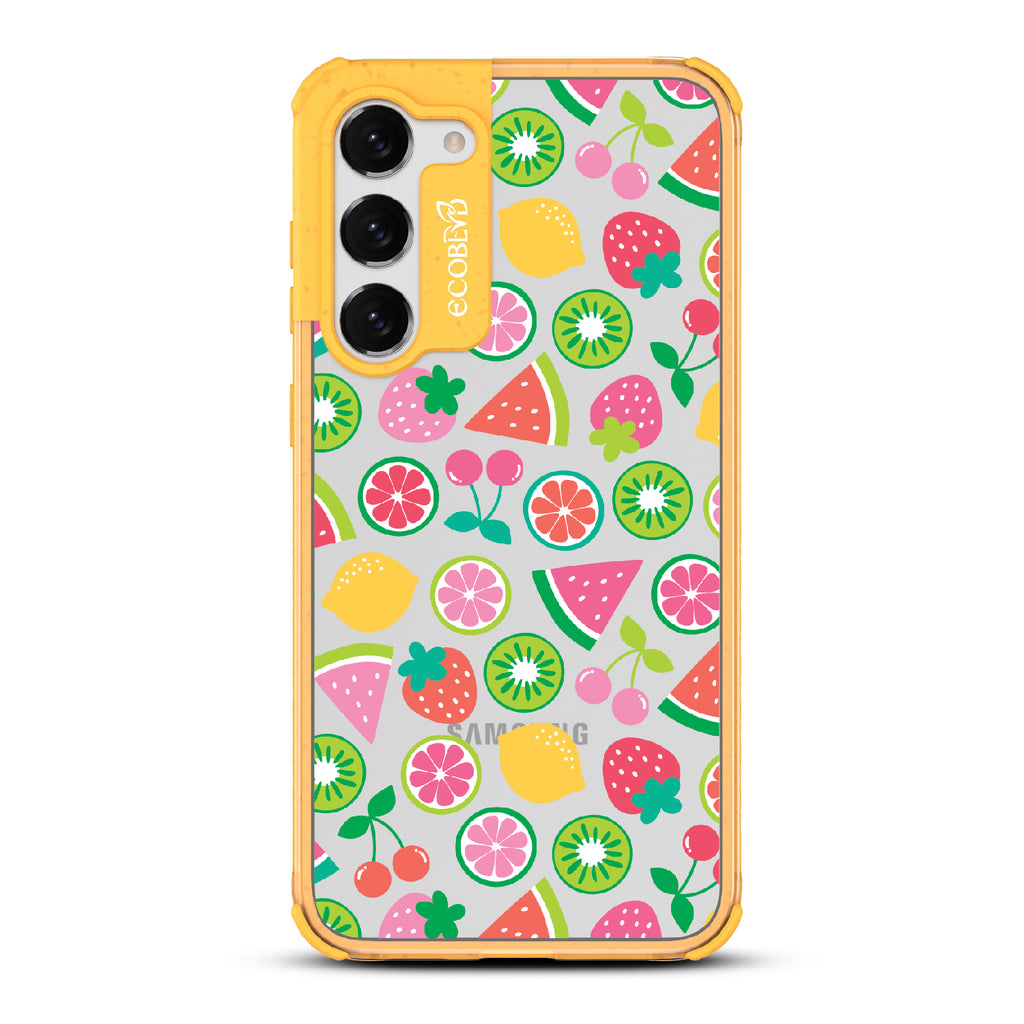 Juicy Fruit - Yellow Eco-Friendly Galaxy S23 Case With Various Colorful Summer Fruits On A Clear Back