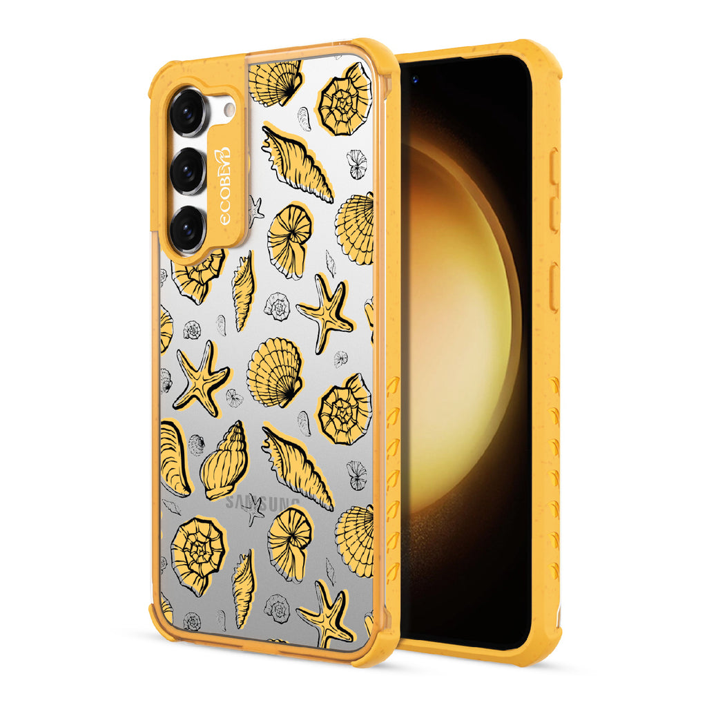 Seashells Seashore - Back View Of Yellow & Clear Eco-Friendly Galaxy S23 Case & A Front View Of The Screen