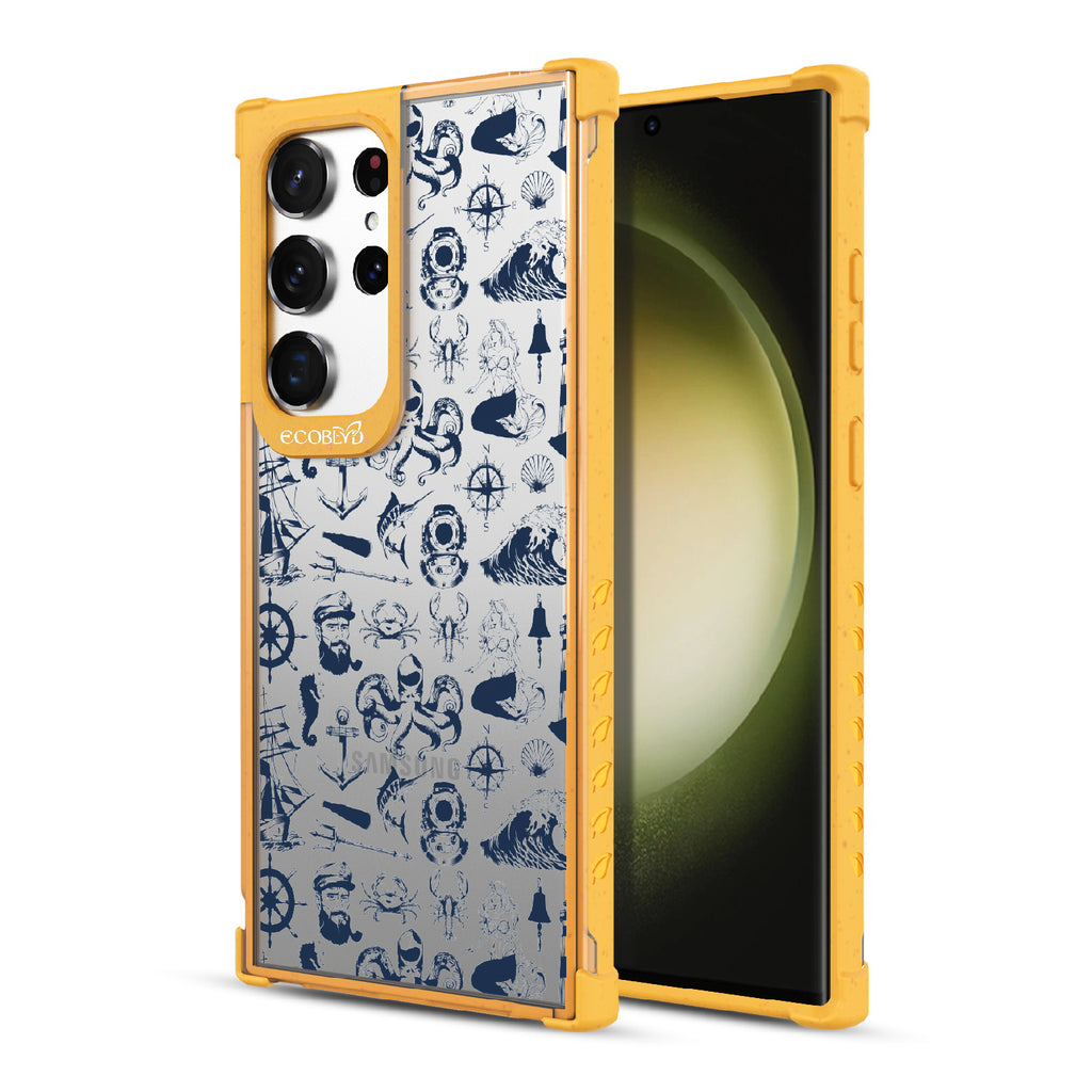 Nautical Tales - Back View Of Yellow & Clear Eco-Friendly Galaxy S23 Ultra Case & A Front View Of The Screen