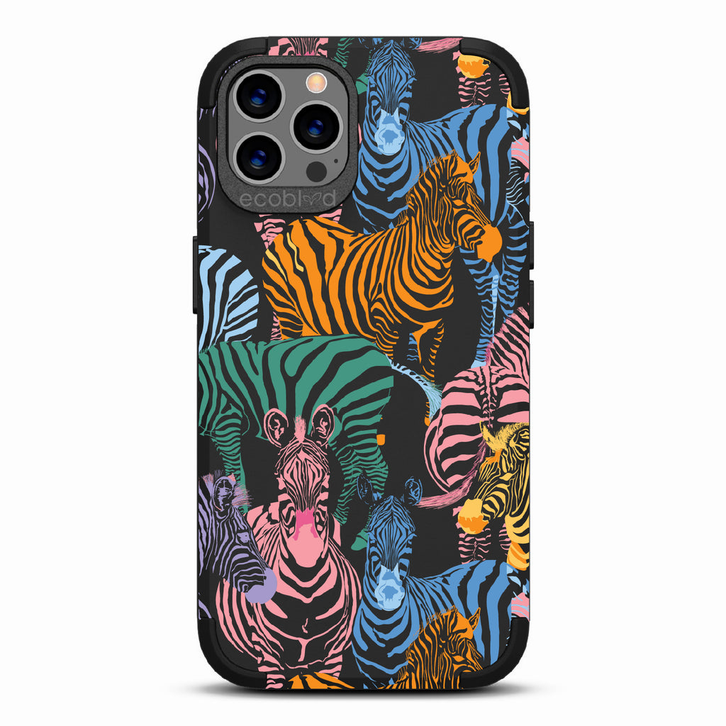 Colorful Herd - Black Rugged Eco-Friendly iPhone 12/12 Pro Case With Zebras in Multiple Colors