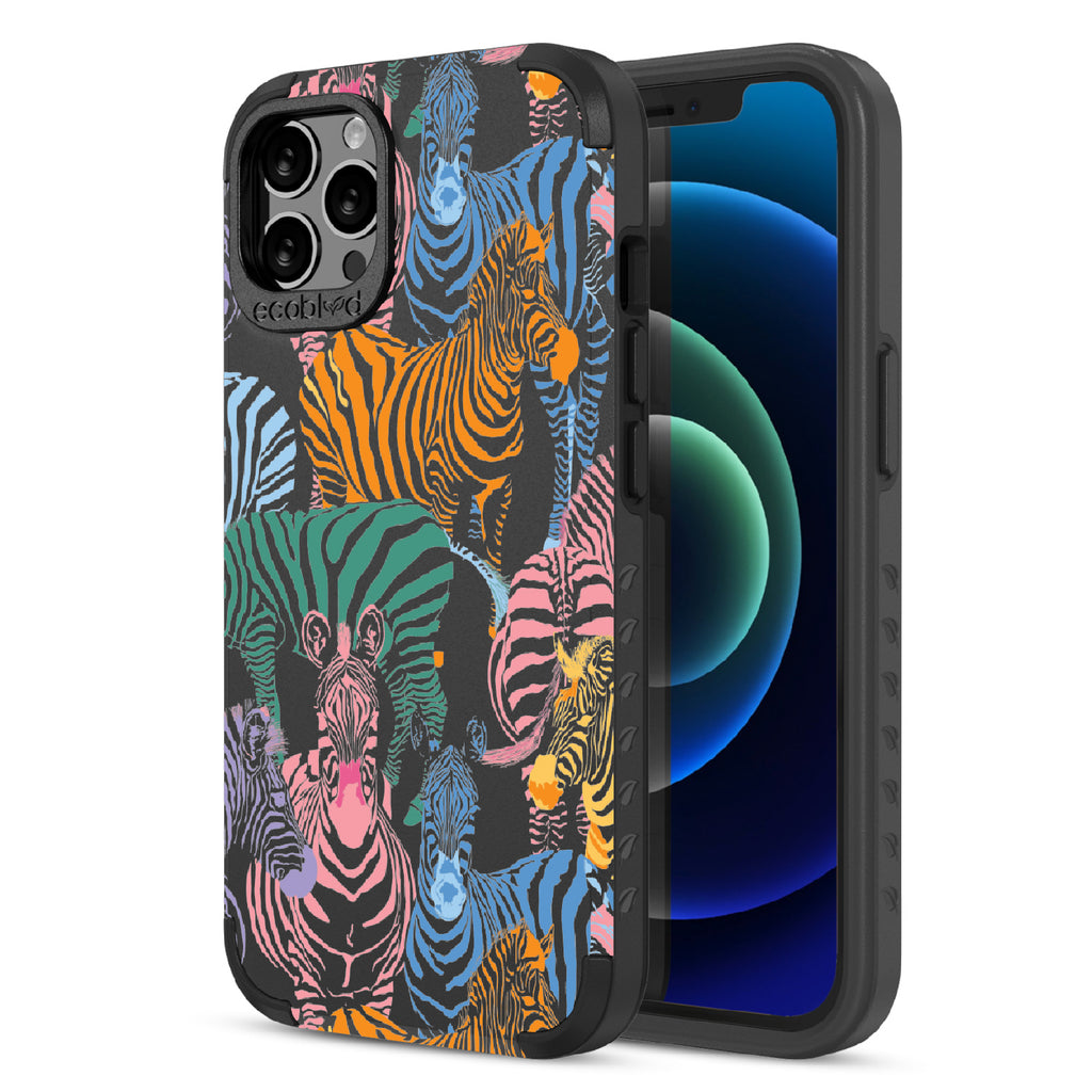 Colorful Herd - Back Of Black & Eco-Friendly Rugged iPhone 12/12 Pro Case & A Front View Of The Screen