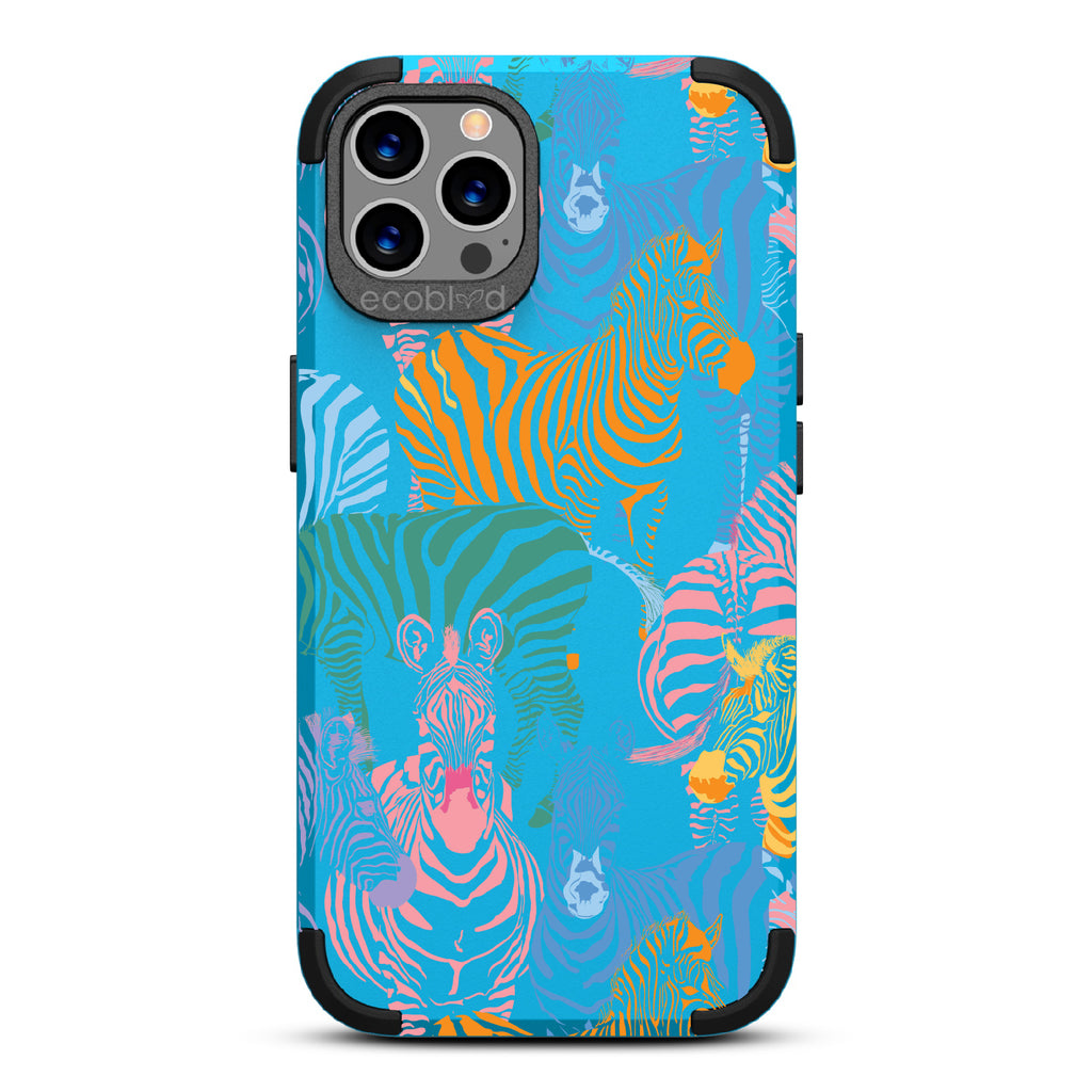 Colorful Herd - Blue Rugged Eco-Friendly iPhone 12/12 Pro Case With Zebras in Multiple Colors