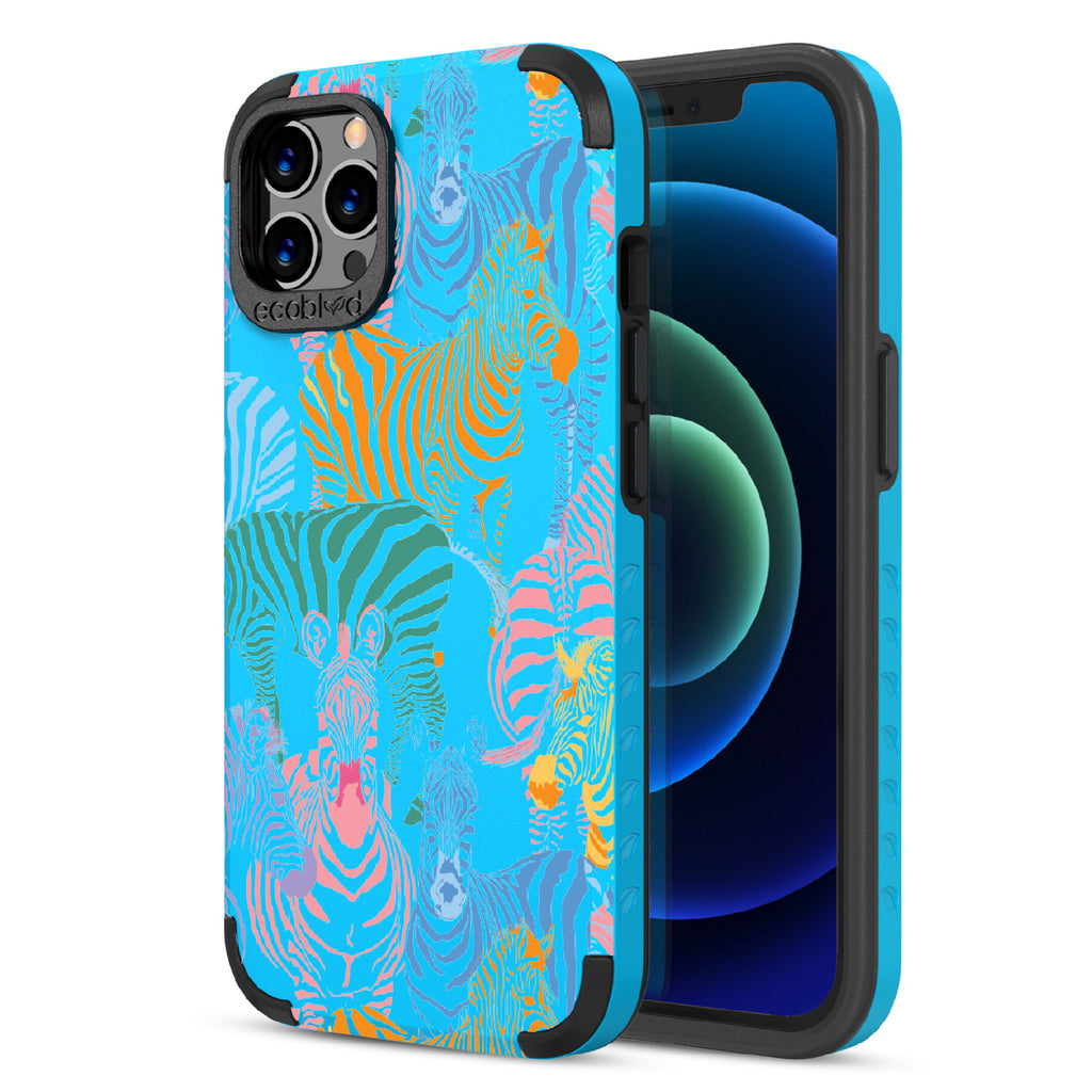 Colorful Herd - Back Of Blue & Eco-Friendly Rugged iPhone 12/12 Pro Case & A Front View Of The Screen