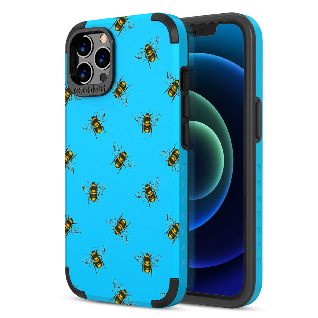 Bees - Back View Of Blue & Eco-Friendly Rugged iPhone 12/12 Pro Case & A Front View Of The Screen