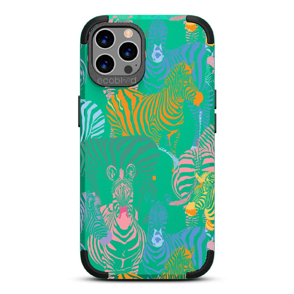 Colorful Herd - Green Rugged Eco-Friendly iPhone 12/12 Pro Case With Zebras in Multiple Colors