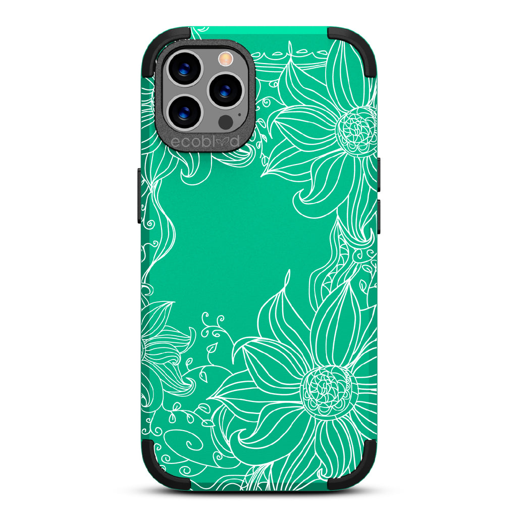 Flower Stencil - Green Rugged Eco-Friendly iPhone 12/12 Pro Case With A Sunflower Stencil Line Art Design  On Back