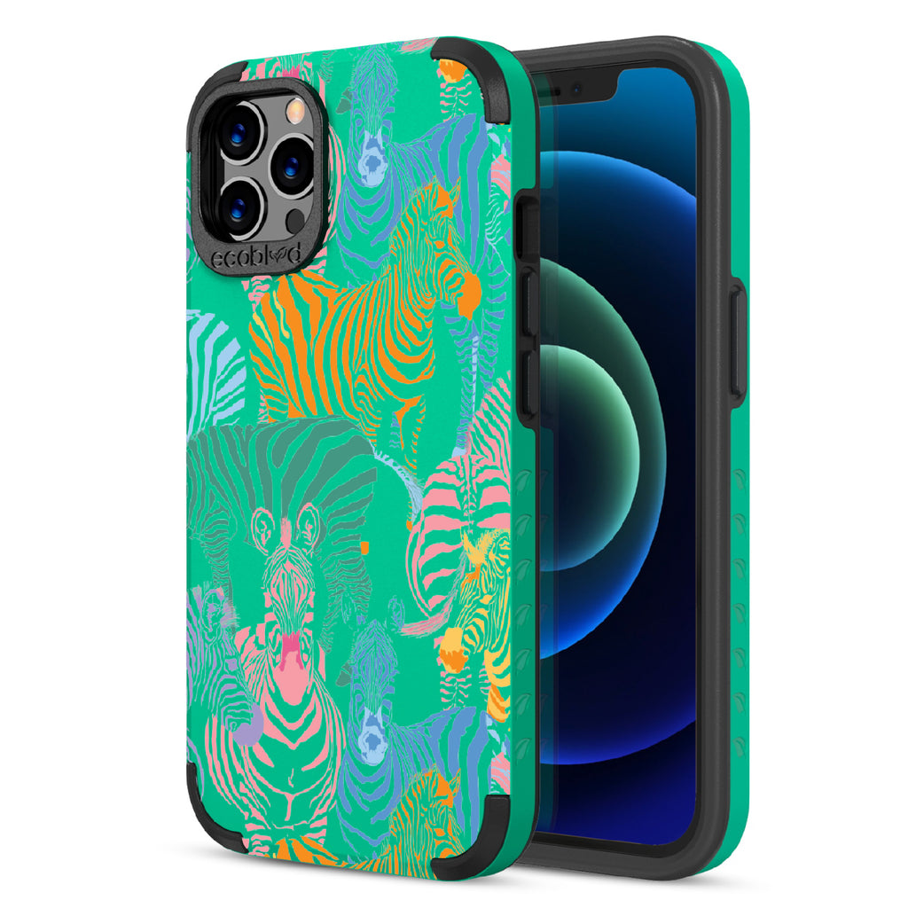 Colorful Herd - Back Of Green & Eco-Friendly Rugged iPhone 12/12 Pro Case & A Front View Of The Screen