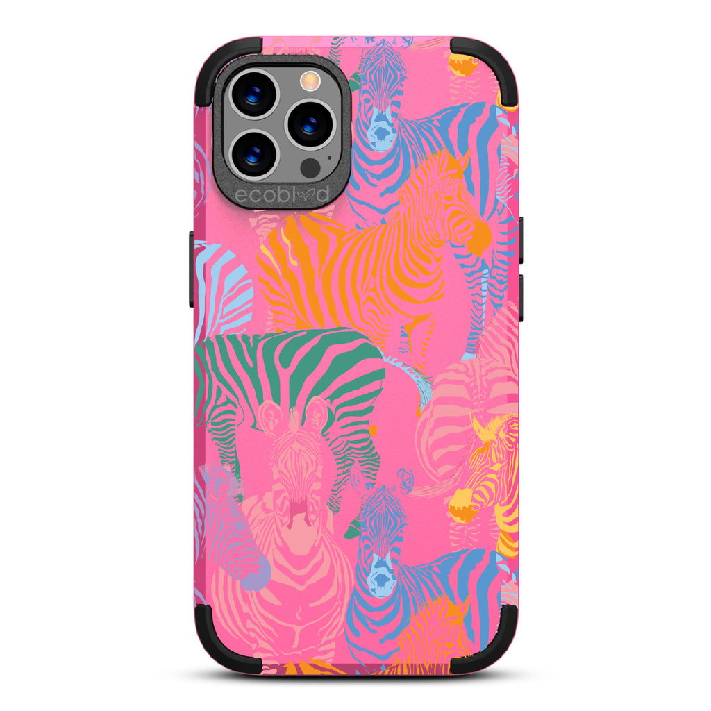 Colorful Herd - Pink Rugged Eco-Friendly iPhone 12/12 Pro Case With Zebras in Multiple Colors