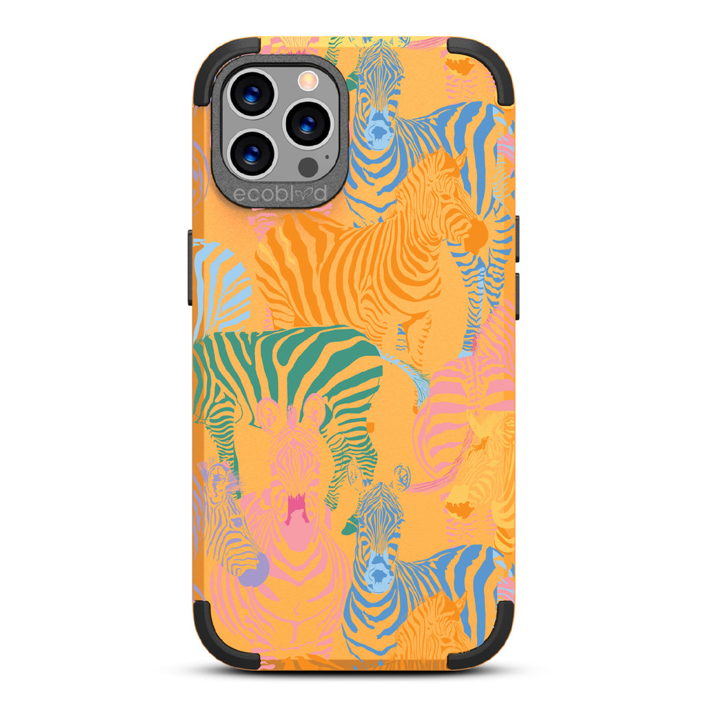 Colorful Herd - Yellow Rugged Eco-Friendly iPhone 12/12 Pro Case With Zebras in Multiple Colors