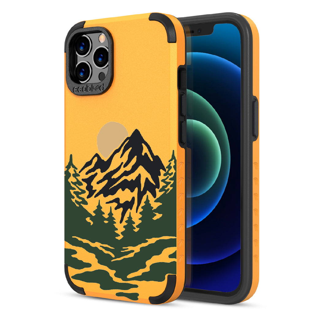 Mountains - Back View Of Yellow & Eco-Friendly Rugged iPhone 12/12 Pro Case & A Front View Of The Screen