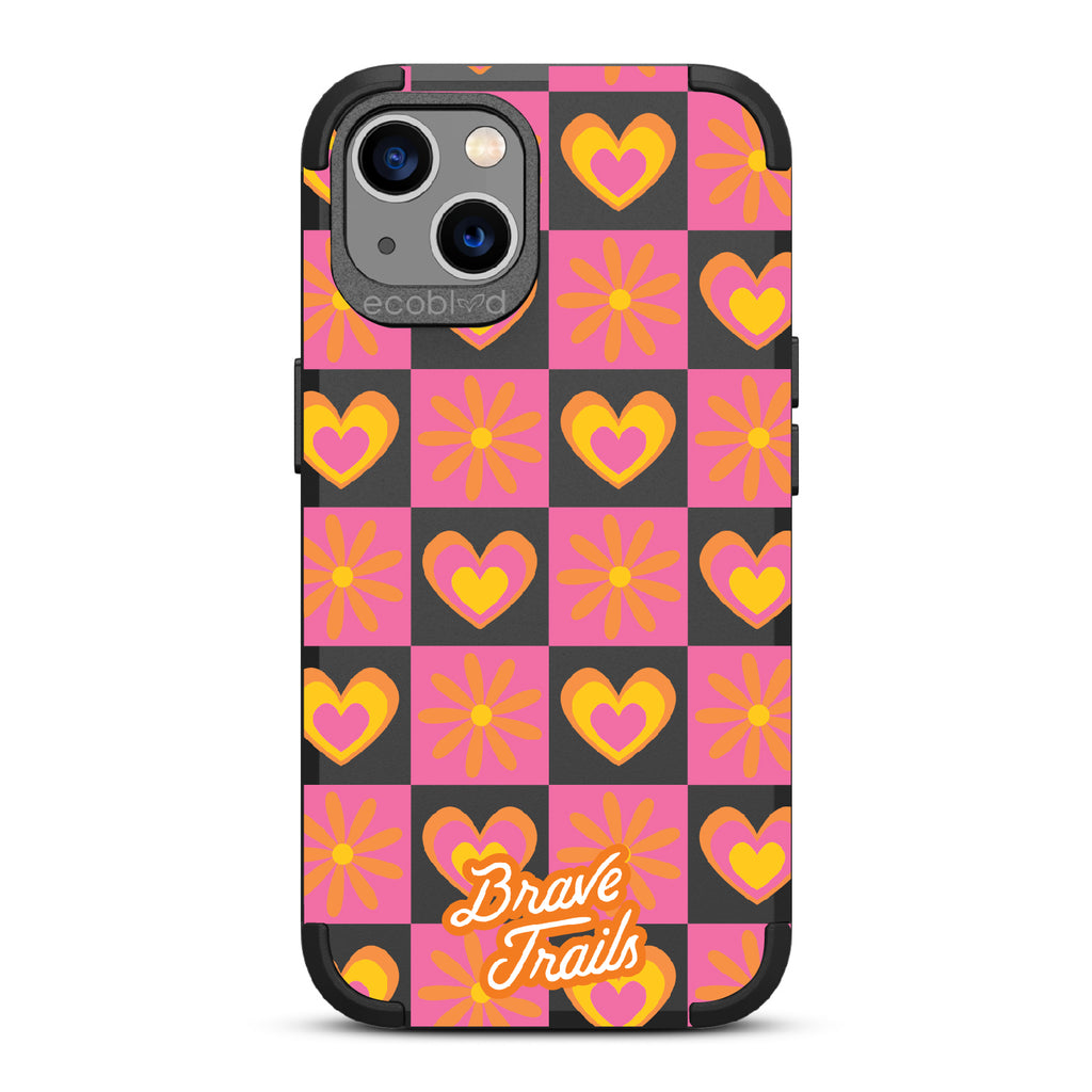 Free Spirit X Brave Trails - Black Rugged Eco-Friendly iPhone 13 Case With Pink Checkered Hearts & Flowers