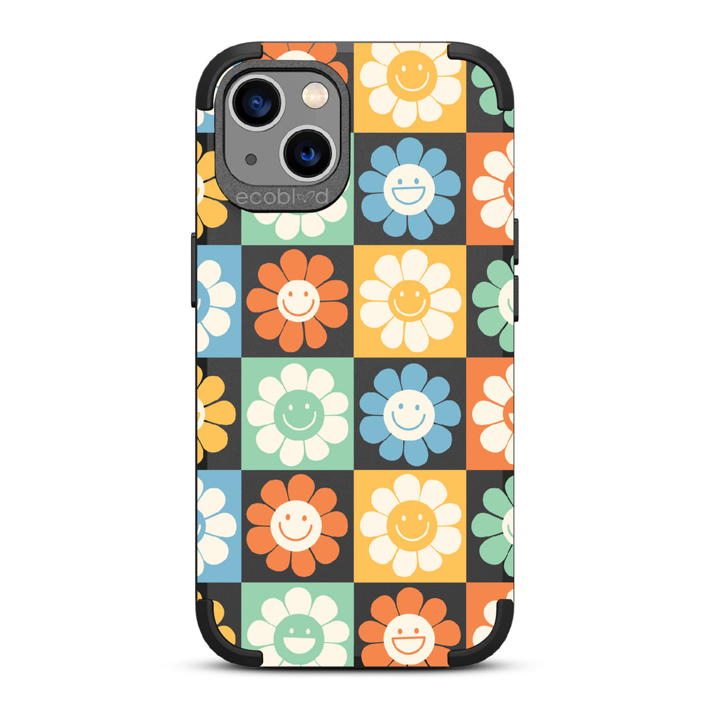 Flower Power - Black Rugged Eco-Friendly iPhone 13 Case With70's Gingham Cartoon Flowers W/ Smiley Faces On Back