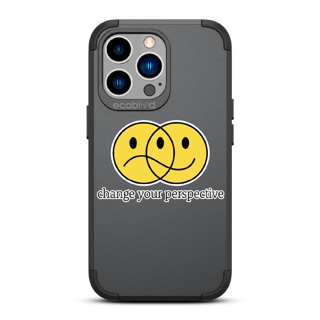 Perspective - Black Rugged Eco-Friendly iPhone 12/13 Pro Max Case With A Happy/Sad Face & Change Your Perspective On Back