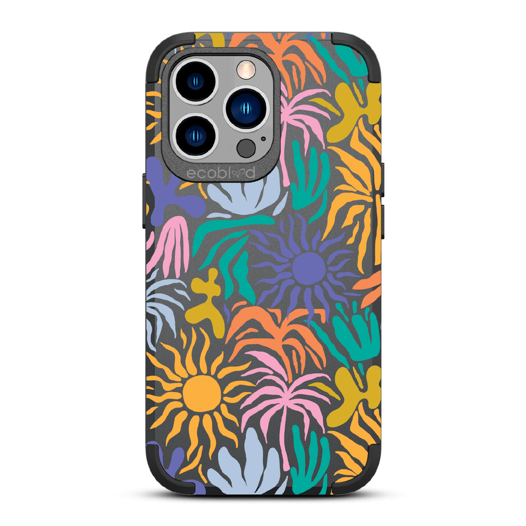 Sun-Kissed - Black Rugged Eco-Friendly iPhone 13 Pro Case With Sunflower Print + The Sun As The Flower On Back