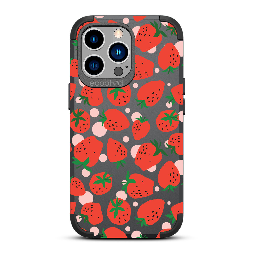 Strawberry Fields - Black Rugged Eco-Friendly iPhone 13 Pro Case With Strawberries On Back