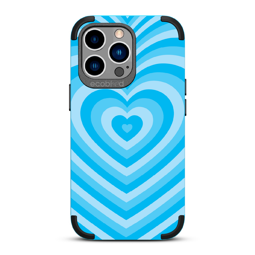 Tunnel Of Love - Blue Rugged Eco-Friendly iPhone 13 Pro Case With A Small Heart Gradually Growing Larger On Back